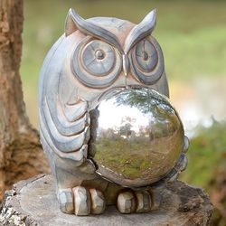 Owl with Steel Gazing Ball Garden Art
