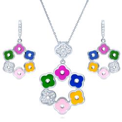 Sterling Silver Clover Enamel Necklace and Earrings