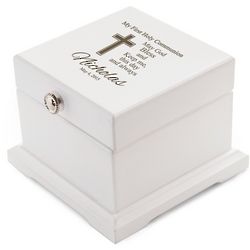 First Holy Communion White Wood Engraved Rosary Box