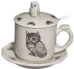 Horned Owl Bone China Covered Teacup and Saucer