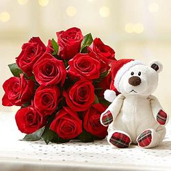 Merry Red Roses with Santa Bear