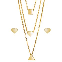 Gold-Tone Heart Square Triangle Necklace and Earrings