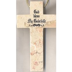 God Bless My Godchild Polished Jerusalem Stone Hanging Cross