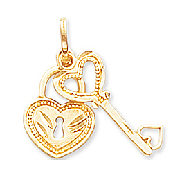 14k Yellow Gold Stylish Lock and Key Heart Pendant