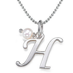 Silver Initial and Birthstone Bead Necklace