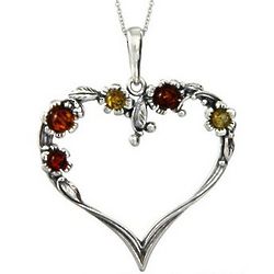 Sterling Silver Vintage Heart Pendant with Amber Accents
