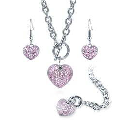 Silver-Tone Pink CZ Heart Necklace, Earrings, and Brace