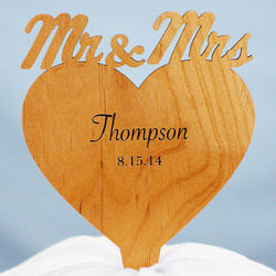 Engraved Mr. and Mrs. Wooden Heart Cake Topper