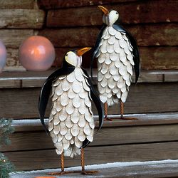 2 Metal Feathered Penguin Statues