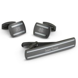 Black Steel Cuff Links and Tie Bar Set