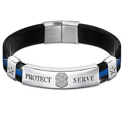 Men's Police Officer Leather and Stainless Steel Bracelet