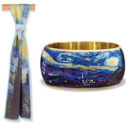 Van Gogh Starry Night Scarf with Matching Bangle Bracelet