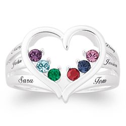 Sterling Silver Mother's Birthstone Heart and Name Ring