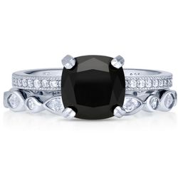 Cushion Cut Black CZ Solitaire Sterling Silver Stackable Ring Set