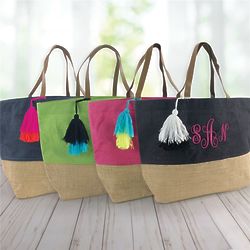Color Block Monogram Jute Tote Bag with Personalized Embroidery