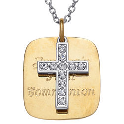 Personalized 2-Tone Square and Crystal Cross Charm Necklace