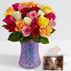 Two Dozen Rainbow Mother's Day Roses with Lavender Scallops Vase