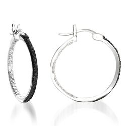 Black and White Diamond Hoop Earrings in Sterling Silver