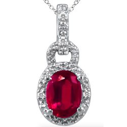 Diamond and Created Oval Ruby Pendant in Sterling Silver