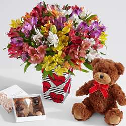 100 Blooms of Love in Love Stripes Vase with Chocolates & Bear