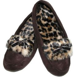 Womens Microsuede Cheetah Trim Moccasin Slippers