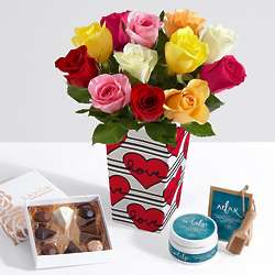 One Dozen Valentine's Rainbow Roses with Chocolates & Spa Gift