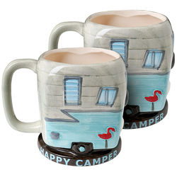 2 Happy Camper Blue Ceramic Mugs