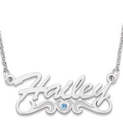 10K White Gold Script Name Necklace with Birthstone