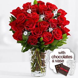 Rhinestone Diamonds and Roses in Premium Vase & Chocolates