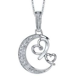 Diamond Moon and Double-Heart Pendant in Sterling Silver