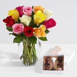 One Dozen Rainbow Roses with Ginger Vase and Chocolates