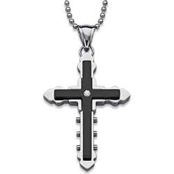 Black and White Stainless Steel Cross with Crystal Accent