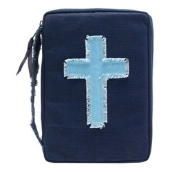 Blue Canvas Bible Cover with Frayed Cross