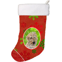 Golden Doodle Dog Red Holiday Stocking with Green Snowflakes