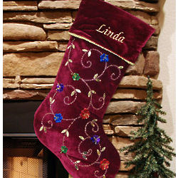 Sequin Flower Embroidered Burgundy Christmas Stocking