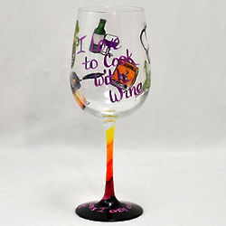 I Love to Cook With Wine Hand Painted Wine Glass