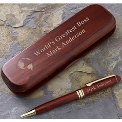 Globe Graphic Engraved Rosewood Pen Set
