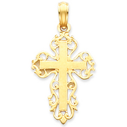 14k Yellow Gold Filigree Distinct Carved Cross Pendant