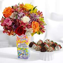 Smiles and Sunshine Birthday Bouquet with 12 Dipped Strawberries