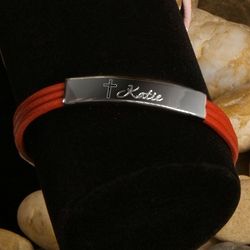 Inspirational Leather Bracelet with Engraved Cross