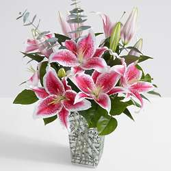 Fragrant Stargazer Lilies Bouquet in Music Vase with Chocolates