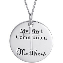My First Communion Silver Engraved Disc Pendant with Cross