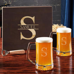 Oakmont Engraved Beer Glasses with Wooden Box