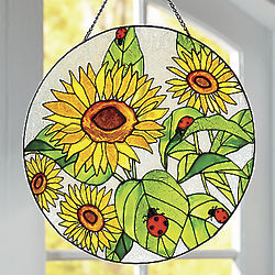 Sunflower and Ladybug Stained Glass Hanging Panel