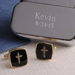 Black Gold Cross Cufflinks with Personalized Case