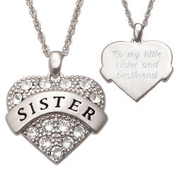 Sister Heart Pendant Necklace with Crystals and Engraved Back