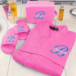 Personalized Ladies Spa Slippers, Robe and Cosmetic Bag Gift Set