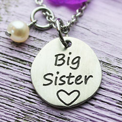 Big Sister Personalized Pewter Disc and Birthstone Necklace