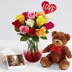 12 Valentine's Rainbow Roses Bouquet with Chocolates and Bear