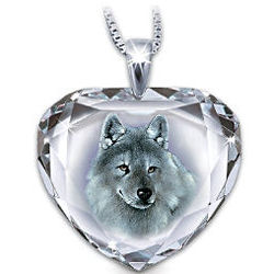Silver Scout Cut Crystal Pendant Necklace with Wolf Art